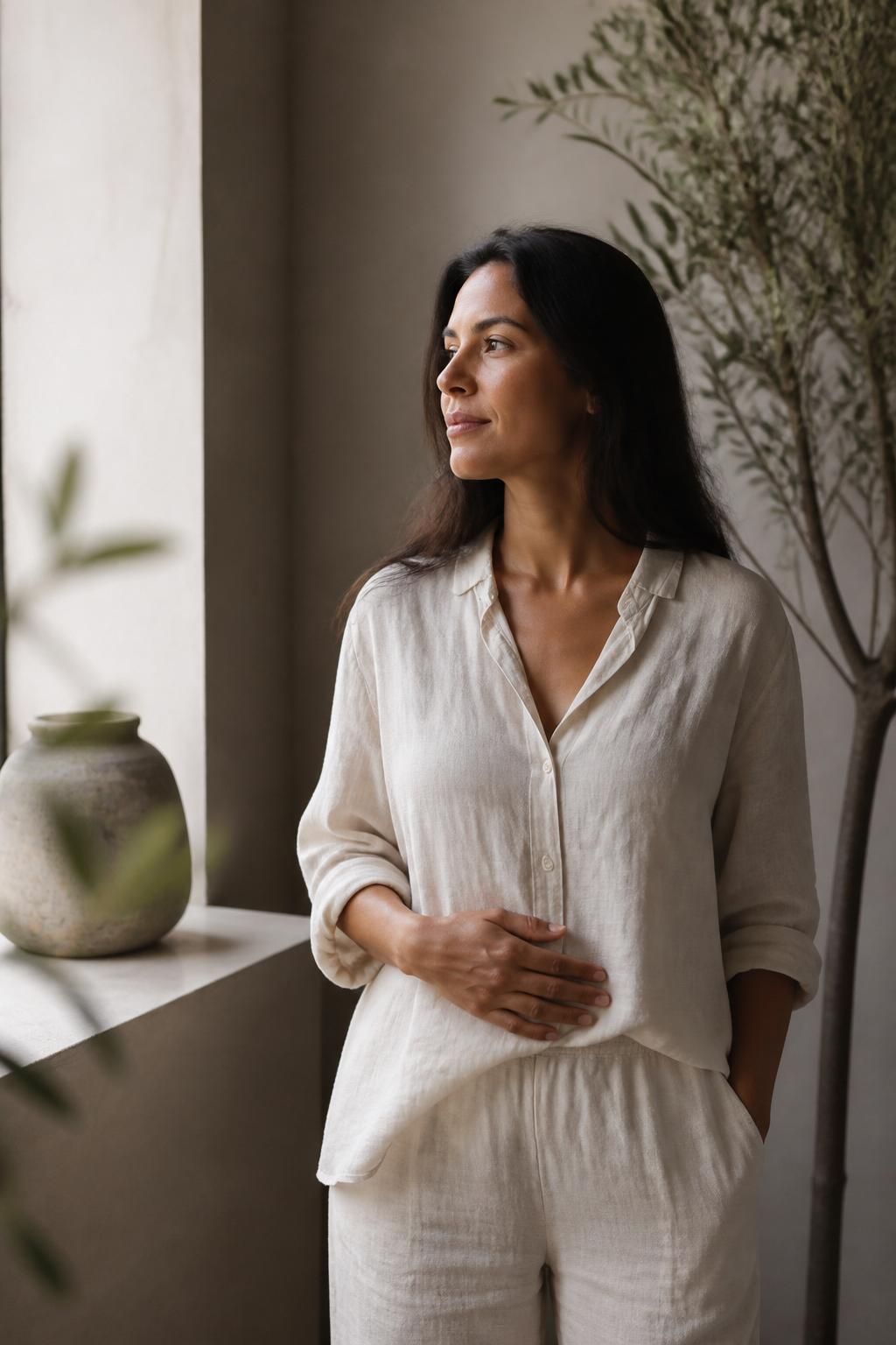 Mulher serena em luz natural, com a mão sobre o abdômen, sugerindo bem-estar intestinal