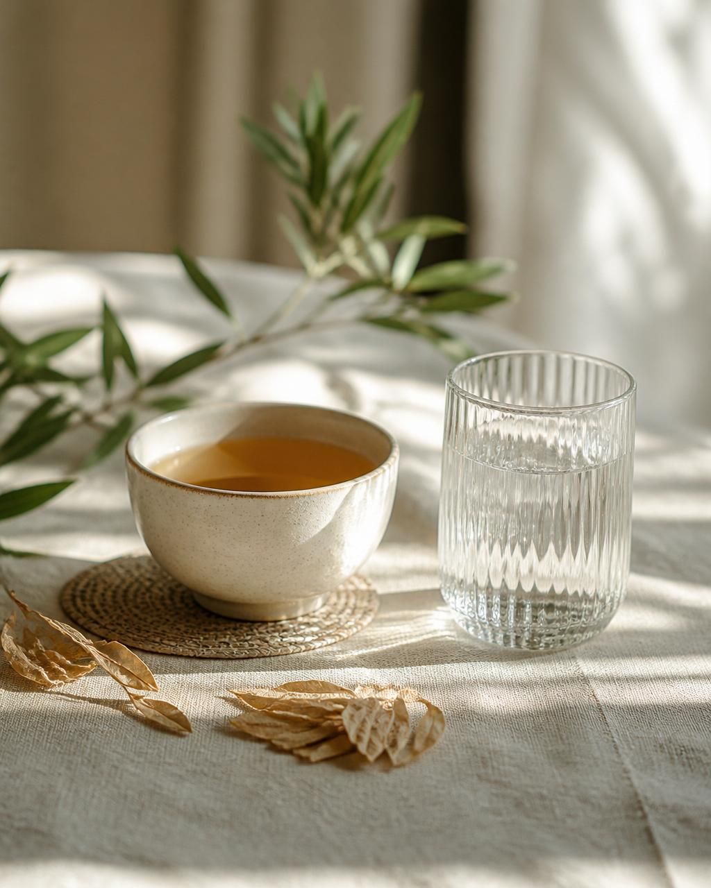 Xícara de chá de ervas e um copo de água sobre linho natural, com luz suave — o ritual diário BIOTHA
